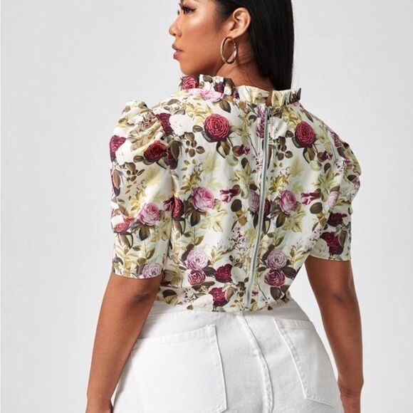 Shein Curve Vintage Flower Floral Zip up Puff sleeve Cropped Top Blouse XL - Picture 3 of 8